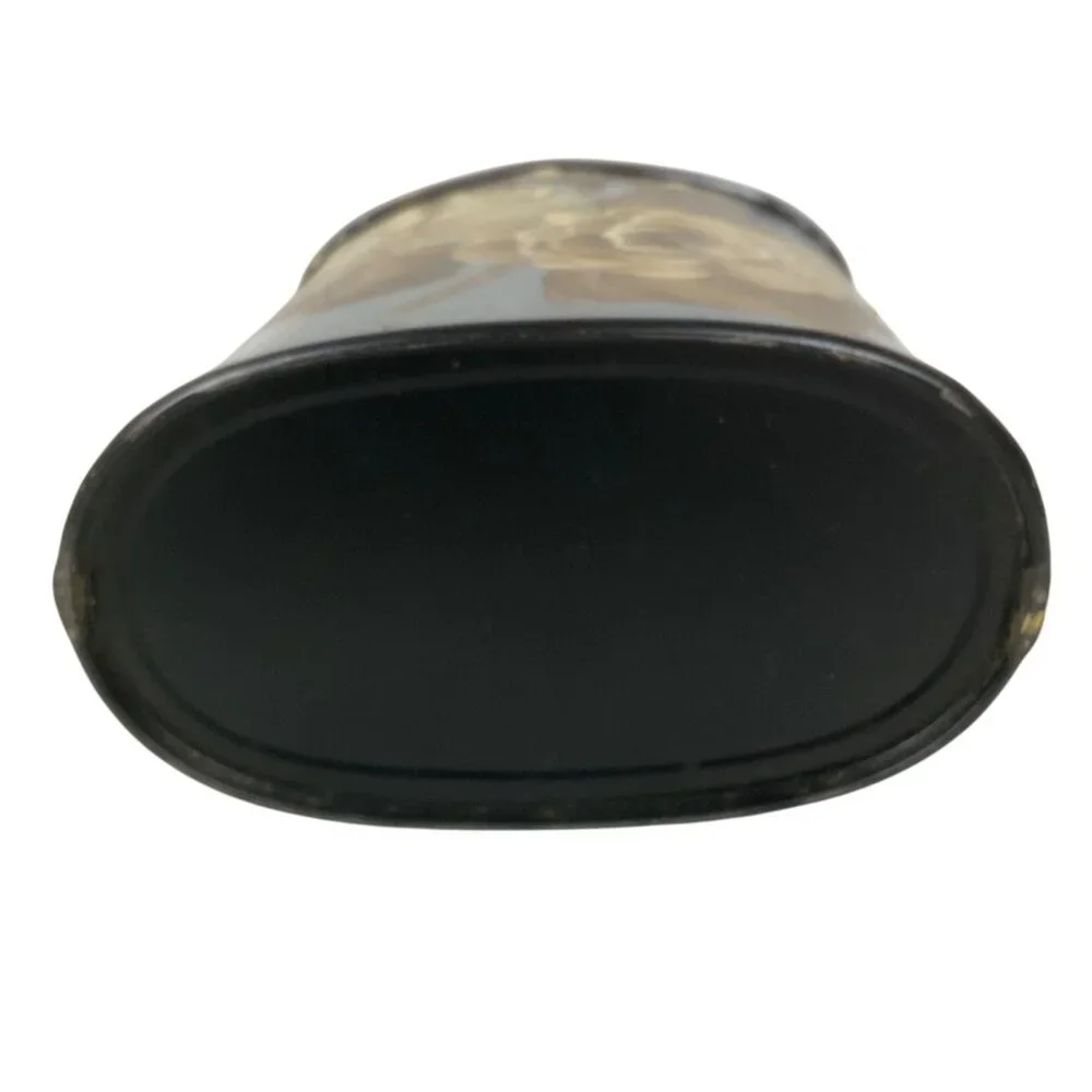 Vintage Hand-Painted Toleware Pencil Holder Black Gold Floral Oval Design